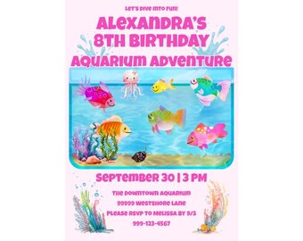 Editable Aquarium Birthday Invitation | Let’s Dive Into Fun | Under the Sea Fish Party for Kids | Ocean Theme Girl Bday Invite|Aquarium Bday