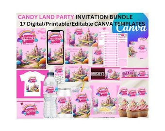 Puede incluir: Un paquete de invitaciones de fiesta imprimibles digitales para una fiesta de cumpleaños con temática de Candy Land. El paquete incluye 17 plantillas para Canva, con un tema colorido de Candy Land con un castillo, bastones de caramelo y una piruleta.