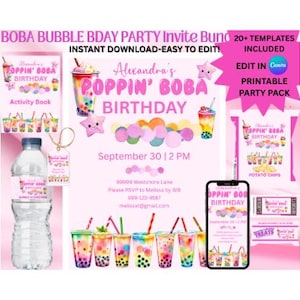 Boba Bubble Tea Birthday Party Bundle | Printable Activities & Games for Girls | Kawaii DIY Party Kit | Cute Boba Decorations |Boba Birthday