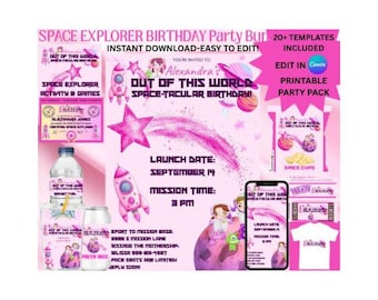 Invitation fête de l'explorateur de l'espace et lot à imprimer | Ensemble fête spatiale pour filles | Ensemble d'anniversaire pour enfants dans l'espace | Fille de l'espace à imprimer