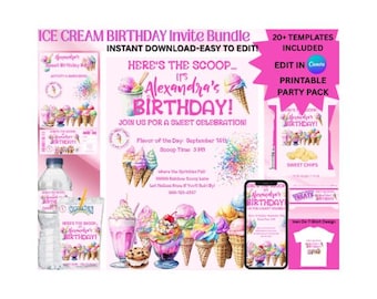 Puede incluir: Un paquete de invitaciones de cumpleaños de helados rosa con el texto "Ice Cream Birthday Invite Bundle" y "Here's the Scoop... It's Alexandra's Birthday!". Incluye plantillas, un paquete de fiesta imprimible y un diseño de camiseta para planchar.