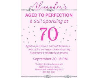 Invitación editable para 70 cumpleaños para mujeres de cualquier edad/ Elegante invitación digital para fiesta para ella/ Plantilla rosa para celebrar un cumpleaños importante