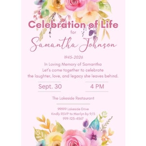 Celebration of Life Template | Celebration of Life Invitation | Floral Memorial Service Invite | Printable Funeral Invitation for Her