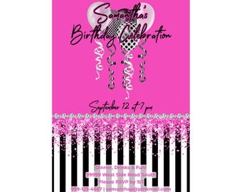 Hot Pink Birthday Party Invite Any Age | Pink Glitter Invite | Printable Glam Birthday Invite | Glam Birthday Template | Bling Invite