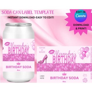 Editable Pink Birthday Soda Can Label Template | Girl Birthday Party Drink Wrap | Printable Editable Soda Label | Pink Party Decor |Soda Can
