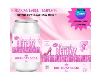Editable Pink Birthday Soda Can Label Template | Girl Birthday Party Drink Wrap | Printable Editable Soda Label | Pink Party Decor |Soda Can