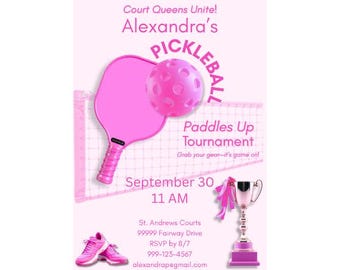 Pink Pickleball Invitation | Editable Tournament Invite for Teens | Women's Pickleball Invitation |  Sports Theme |Pickleball Party Template
