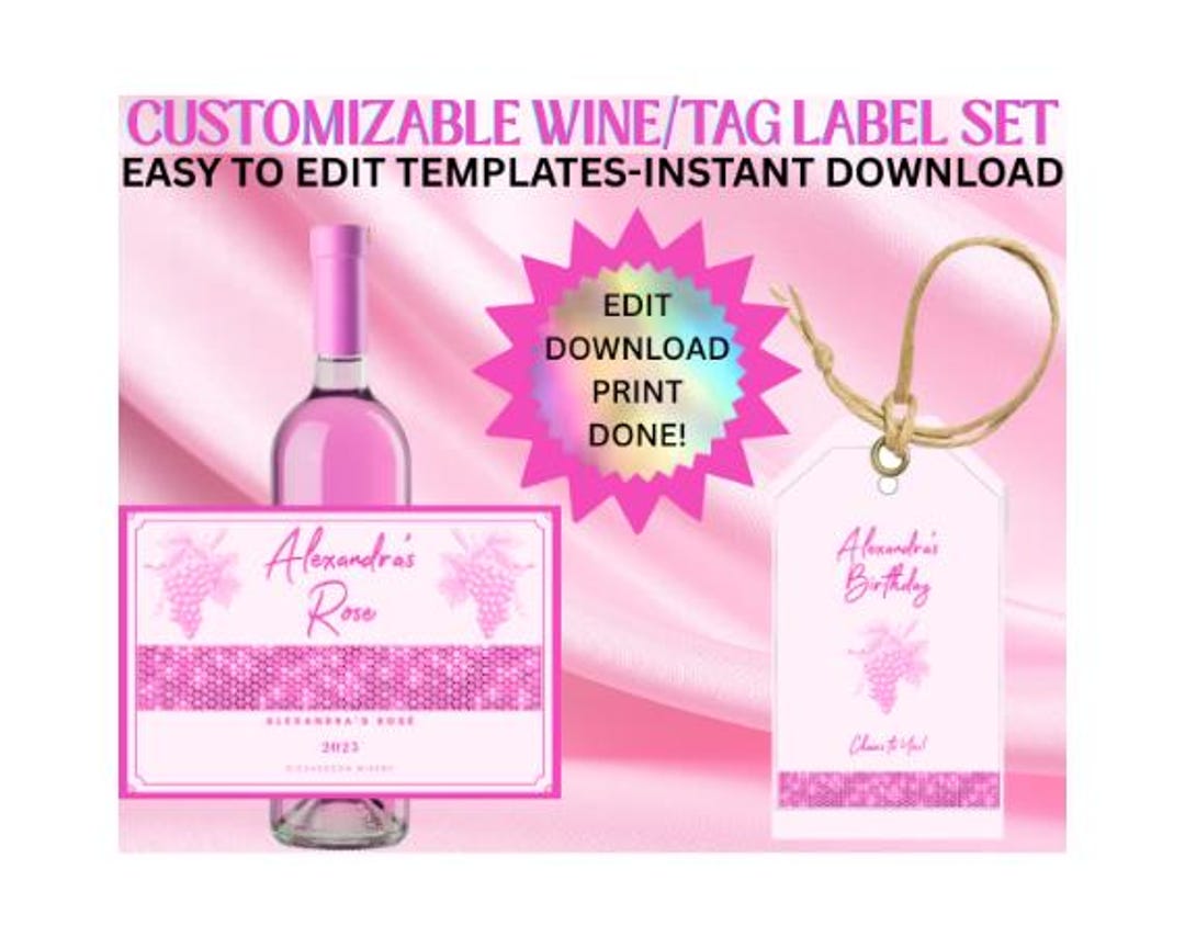 Pink Glam Rhinestone Wine Label & Gift Tag Set | Printable Wine Label ...