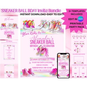 Sneaker Ball Party Bundle | Glam Sneaker Gala Printables | Editable Sneaker Bash Invite & Decorations for Teens | Pink Sneaker Ball Bundle