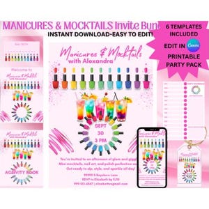 Lot imprimable fête manucures et cocktails sans alcool | Activités d'une journée au spa pour filles | Jeux de création d'ongles | Carte de pointage sans alcool | Cahier d'activités PDF