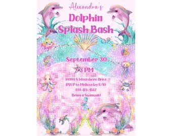 Editable Pink Dolphin Birthday Invitation for Girls | Glitter Under the Sea Party Invite | Pool Bash Theme | Dolphin Splash Bash