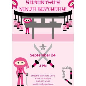 Ninja Girl Birthday Invitation | Girl Ninja Birthday Party | Pink Ninja Invitation | Ninja Birthday Invitation | Ninja Warrior Invitation