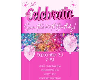 Girls Birthday Party Digital Invite | Pink Sparkle Printable Template | Pink Birthday Party Invitation | Editable Pink Birthday Invite