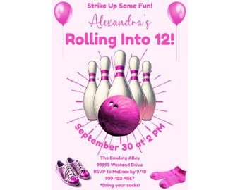 Bowling Birthday Party Invitation for Girls | Editable Pink Bowling Invite | Strike Up Some Fun Printable Girl Birthday Template | Pink Bowl