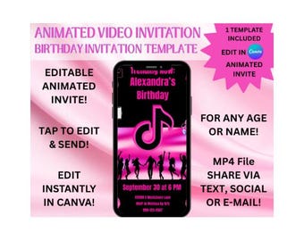 Op TikTok geïnspireerde geanimeerde verjaardagsuitnodiging | Bewerkbare MP4-videosjabloon met muziekthema | Digitale feestdownload | Op TikTok geïnspireerde uitnodiging