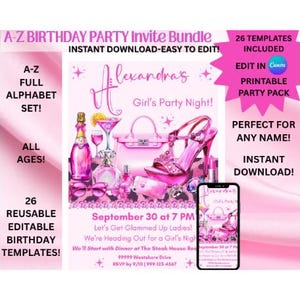 Glam-uitnodiging voor meidenavond | Sjabloon roze monogram feest | Bewerkbare AZ Canva-uitnodiging | Portemonnee Hakken Make-up Verjaardag Download | GNO-uitnodiging