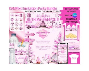 Pink Camping Party Bundle | Glamping Birthday Printables | Girls Campout Party Kit | Glam Camping Party Decor | Instant Download | Girl Camp