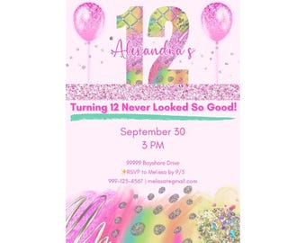 Editable Glitter Birthday Invitation for Girls – Any Age | Pink Sparkle Balloon Invite | Rainbow Glam Party Template for Tween/Teen