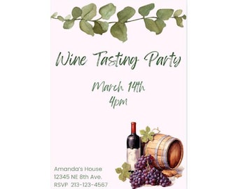 Puede incluir: Una tarjeta de invitación rosa con hojas verdes en la parte superior. El texto dice "Wine Tasting Party" con la fecha "March 14th" y la hora "4pm". La invitación también incluye la dirección "Amanda's House, 12345 NE 8th Ave." y el número de RSVP "213-123-4567". La parte inferior de la tarjeta presenta un dibujo de una botella de vino, uvas y un barril.