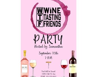 Puede incluir: Invitación rosa con una ilustración de copa de vino y botella. El texto dice "Wine Tasting Friends Party" y "Hosted by Samantha". La fecha es el 25 de septiembre a las 7 PM. La comida se servirá en 12890 SW 95 Ave. RSVP: 512-123-4567.