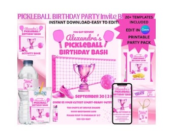 Pickleball verjaardagsfeestje afdrukbare bundel | Bewerkbare uitnodiging + activiteitenboek + labels | Pickleball meisje feestdecoratie|Afdrukbaar Pickleball