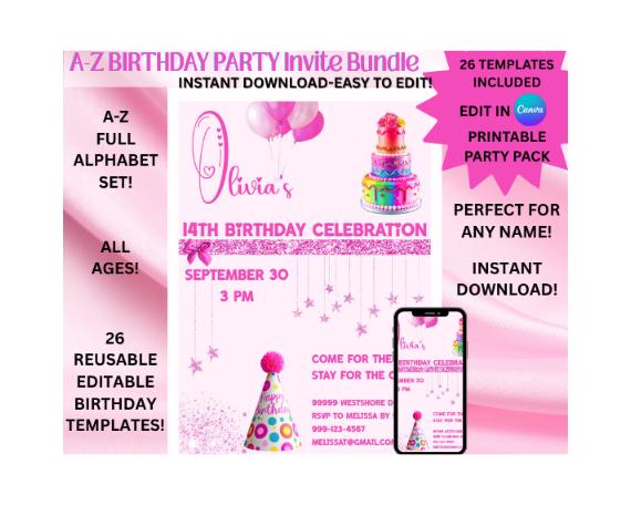 Pink Birthday Invitation for Girls | Glitter Monogram A-Z Canva Template | Editable Tween Party Hat Invite | Printable Download | Pink Bday