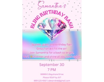 Bling Birthday Bash Invitation | Diamond Sparkle Girl Birthday Party Invite | Glam Glitter Editable Birthday Card Template | Rhinestone Bday