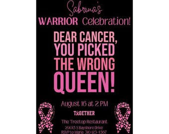 Może przedstawiać: Różowa i biała wstążka z sercami, czarne tło z różowym tekstem, który brzmi "Sabrina's Warrior Celebration! Dear Cancer, You Picked The Wrong Queen!" 16 sierpnia o 14:00 TOGETHER The Treetop Restaurant 29015 S Bayshore Drive RSVP do Marii 310-123-4567