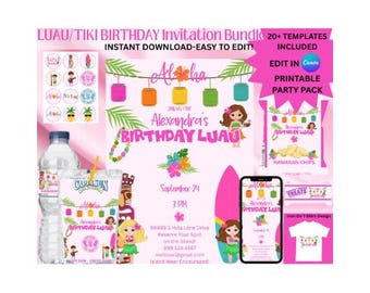 Luau Party Invitation Bundle | Luau Invites | Luau Birthday Party Printable Bundle | Tropical Tiki Girl Party |Luau Birthday Party Printable