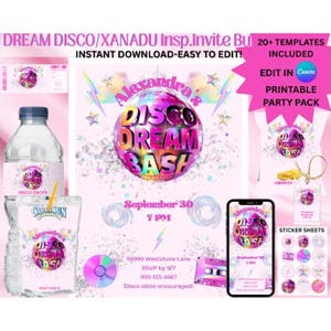 Op de afbeelding: Een roze feestuitnodigingsset met een discobalthema. Het ontwerp bevat een waterfleslabel, Capri Sun-label, uitnodiging en telefoonmodel. Tekst bevat "Disco Dream Bash" en "Direct downloaden - Gemakkelijk te bewerken!"