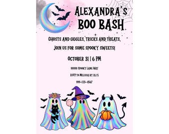 Invitation rose d'Halloween de fantôme d'arc-en-ciel | Soirée Boo Bash pour filles | Halloween effrayant pastel mignon | Téléchargement numérique | Fête fantôme rose
