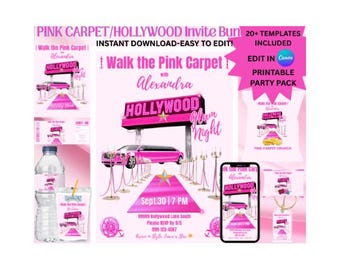 Pink Carpet Hollywood Party Bundle | Teen Glam Birthday Printables | VIP Red Carpet Games Decor Kit | Hollywood Glam Party | Hollywood Pink