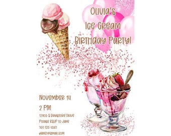 May include: Pink and white ice cream cones and sundaes with chocolate and sprinkles.  The invitation says "Olivia's Ice Cream Birthday Party!"  November 14, 2 PM, 12905 & Dayshore Drive, Please RSVP to Jane, 101-123-4567, panet@gmail.com