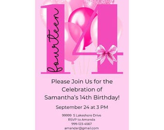 14th Birthday Invitation Girls | 14th Birthday Invite Girl | Birthday Template | Party Invites 14th Birthday | 14th Birthday Party Girls