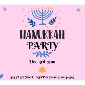 Invitations de fête de Hannukkah | Invitations roses de Hannukkah | Fête de Hanoukka rose | Invitations de fête de Hanoucca | Invitations modifiables sur toile
