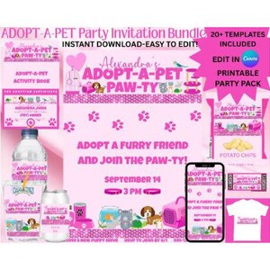 Adopt a Pet Party Invitation and Printable Bundle | Pet Adoption Birthday Party | Girls Pet Adoption Party Bundle |Printable Animal Adoption