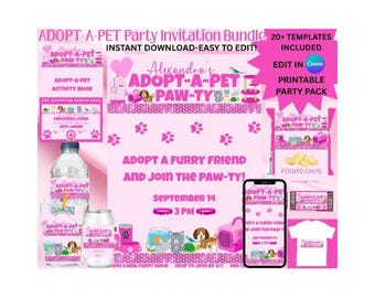 May include: Printable party invitation bundle for an adopt-a-pet paw-ty. The bundle includes 20+ templates with a pink and white color scheme featuring paw prints, dog and cat illustrations, and the text "Adopt-a-Pet Paw-ty".