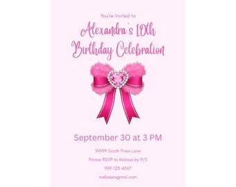 Invitación de cumpleaños con lazo rosa / Invitación para niñas lindas / Invitación para fiesta de niñas / Invitación para niñas / Invitación para fiesta de niñas / Fiesta de cumpleaños de niñas
