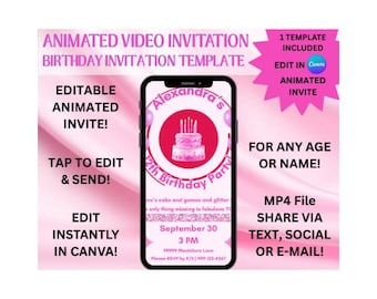 Roze en rode geanimeerde verjaardagsuitnodiging | Videosjabloon Taartballonnen | Bewerkbare MP4-partydownload | Sjabloon videosjabloon meisjeverjaardag