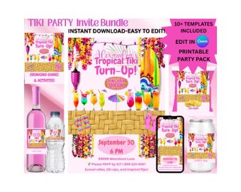 May include: A Tiki Party invite bundle with the text "Instant Download - Easy to Edit!" and "Printable Party Pack." The design includes cocktails, a surfboard, and the text "Tropical Tiki Turn-Up!"