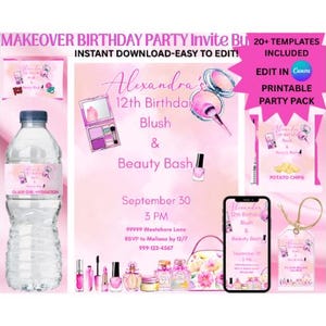 Makeover Party Printable Bundle | Girls Spa Birthday Decorations | Pink Beauty Salon Party Games | Editable Instant Download | Makeover Bday