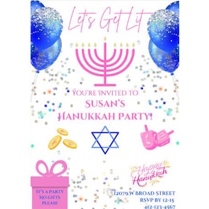 Invitations de fête de Hannukkah | Invitations roses de Hannukkah | Fête de Hanoukka rose | Invitations de fête de Hanoucca | Invitations modifiables sur toile