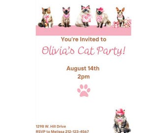 Uitnodigingen kattenfeestje | Kat verjaardagsfeestje bewerkbaar | Uitnodiging voor verjaardagsfeestje kat | Verjaardagsfeestje met kattenthema | Printables voor kattenfeestjes