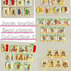 Colección de sellos postales usados de ositos de peluche japoneses. 2 saludos de otoño únicos con forma de osito de peluche. Lindo franqueo coleccionable para álbumes de recortes.