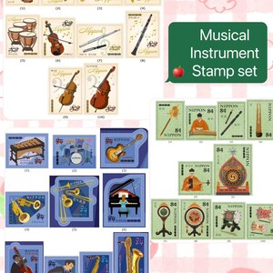 Met postzegelkaart - Japanse gebruikte postzegels - serie muziekinstrumenten - viool, piano, drums, traditionele en westerse muziek