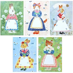 Jeu complet de 5 cartes postales Aiko Fukawa fabriquées au Japon – Cozyca TABLIER Lapin et chat dans différents déguisements | Papeterie japonaise élégante