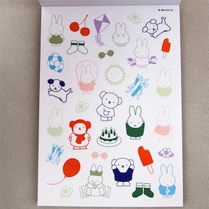 May include: A white paper sheet filled with colorful cartoon illustrations. The illustrations include bunnies, a dog, a bear, a kite, cherries, an ice pop, a cake, and other playful designs. The illustrations are outlined in various colors.