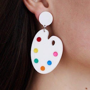 Artist Pallet and Brush Asymmetric Colorful Big Earrings, Dangle Earrings, Paintbrush Earrings, Art Earrings, Colors Earrings Gift For Her