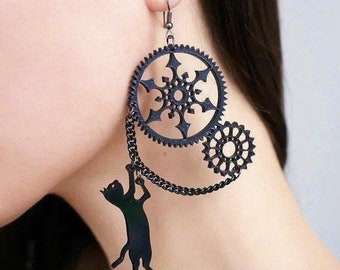 Black Cat Steampunk Large Earrings, Big Boho Gothic Cute Animal Cat Earrings, Black Cat Dangle Earrings, Funky Earrings, Unique Gift For Her