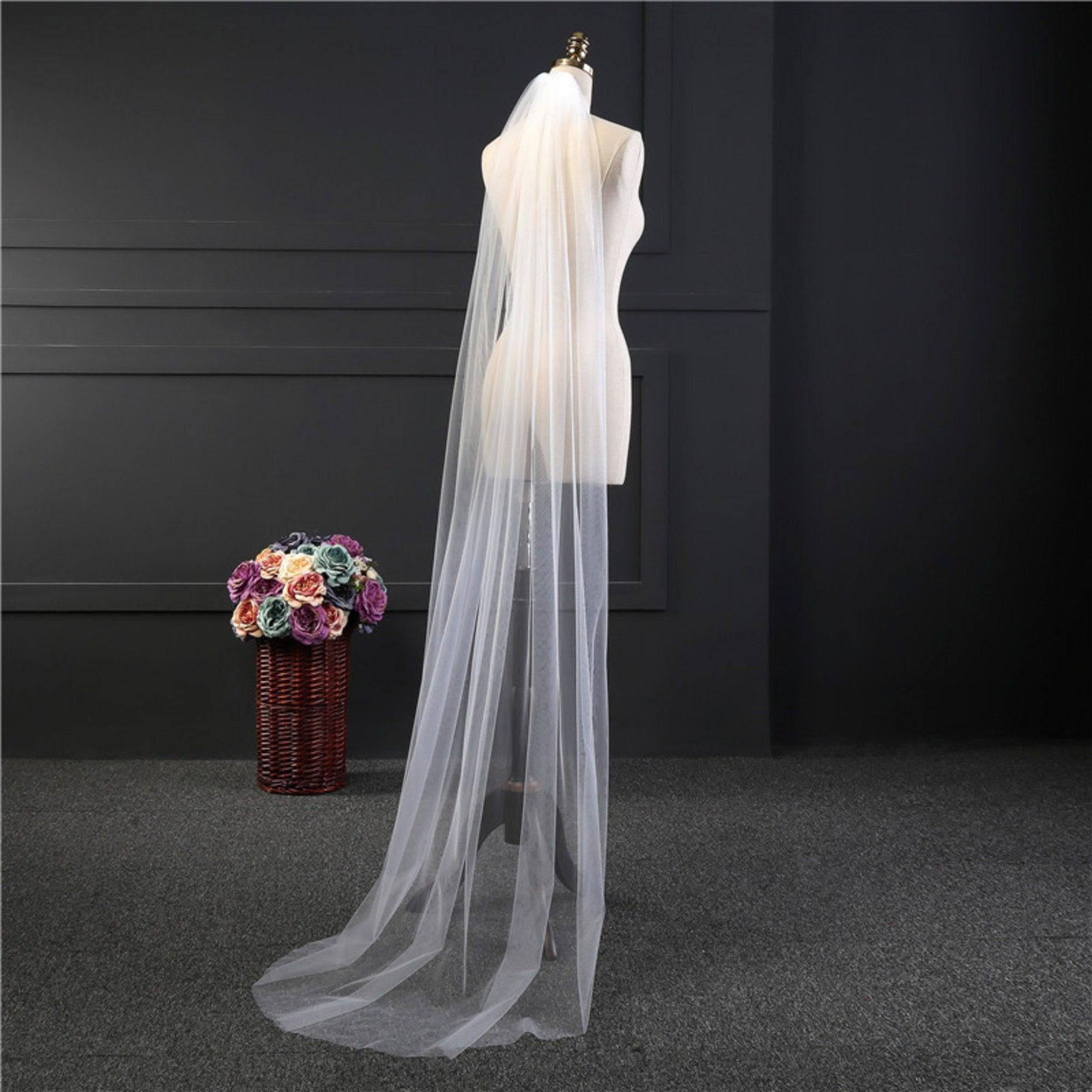 Thin Cathedral Veil: Soft Tulle Ivory Wedding Veil, 80 Inch 